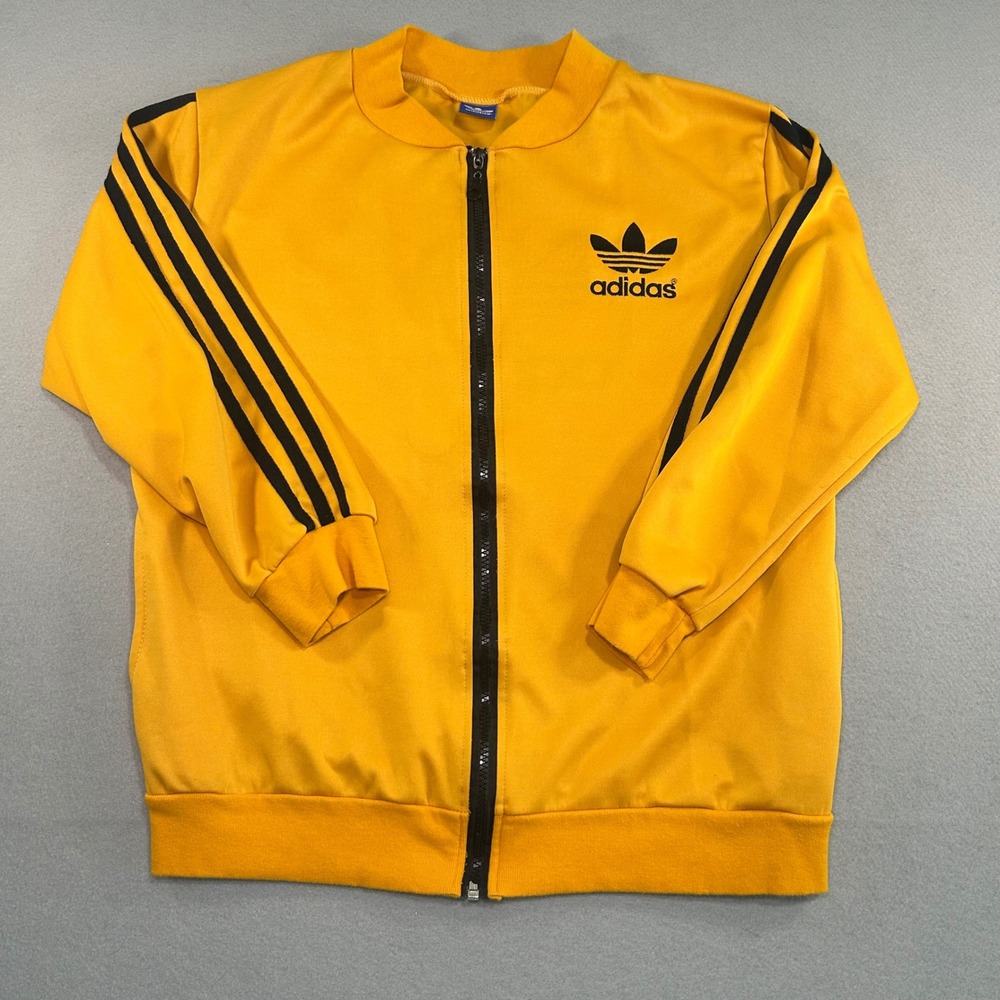 Adidas Track Jacket Mens L Yellow Black Trefoil Stripe Full Zip Vintage Style